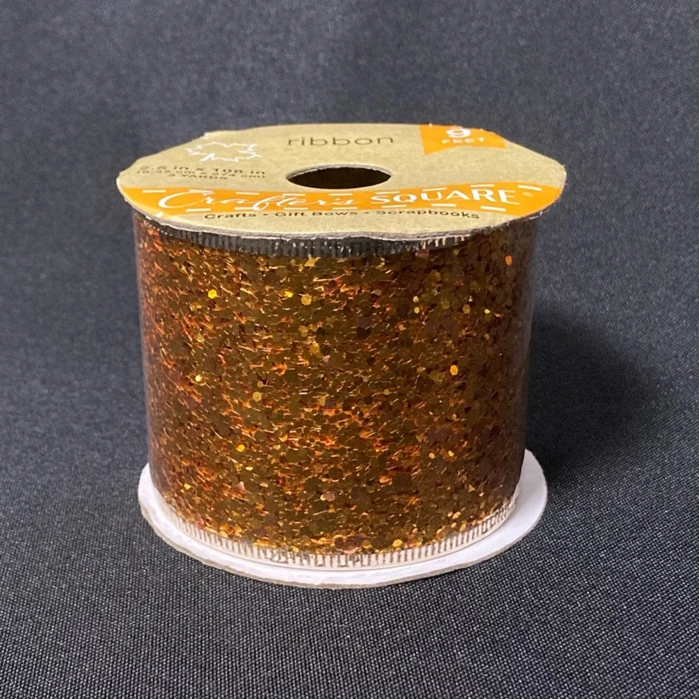 ⭐️ Crafter’s Square Bright Orange Glitter Wire Edged Craft Ribbon 2.5” x 108”